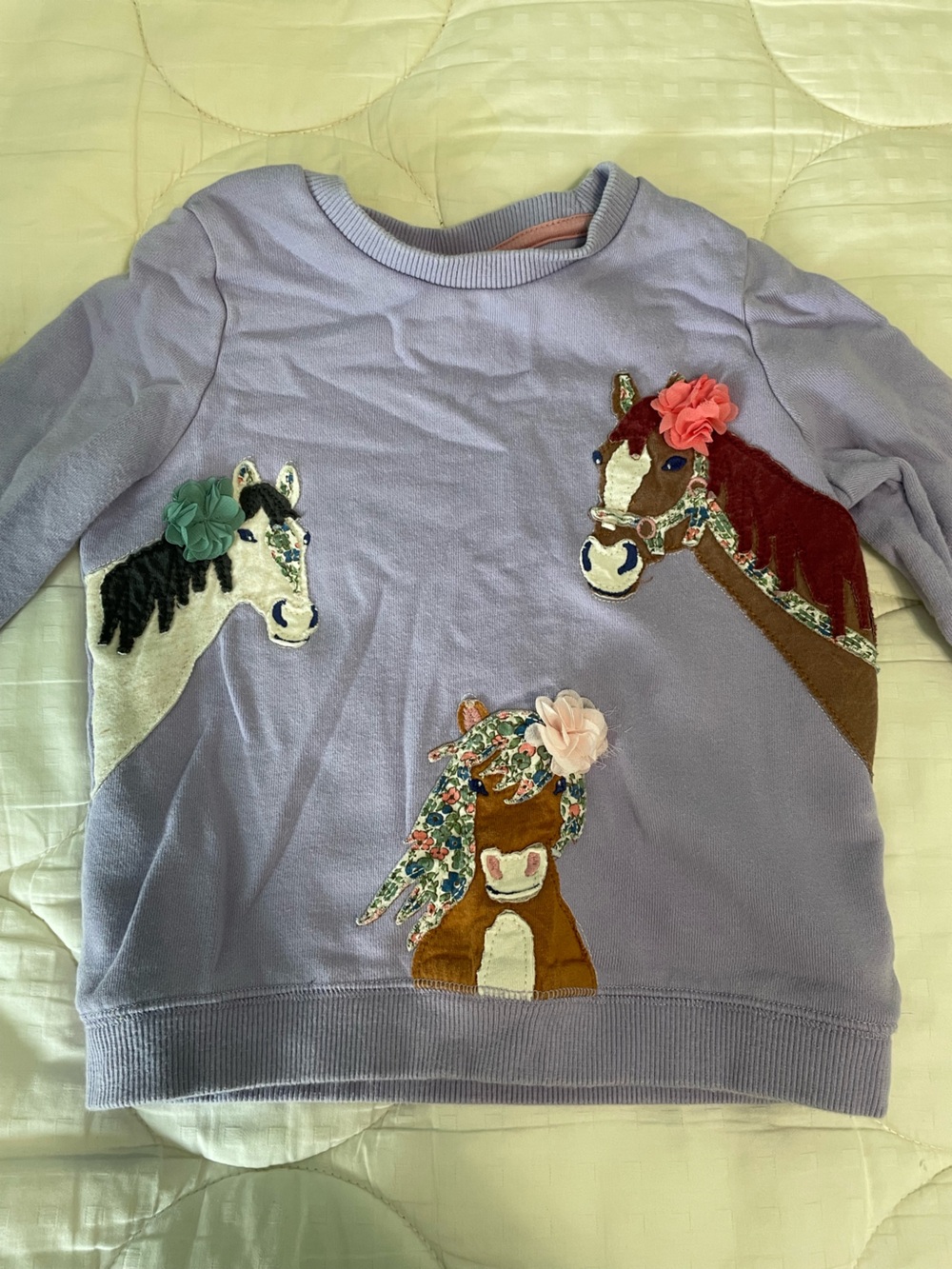 Mini Boden Lavender Sweatshirt with Floral Horse Appliqués